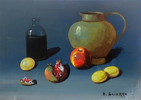 Quadro di Dino Sciarra Composizione con melagrana - olio faesite 